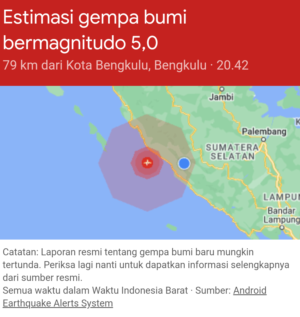 Gempa 5.0 SR Guncang Bengkulu Terasa Hingga Kepahiang dan Curup