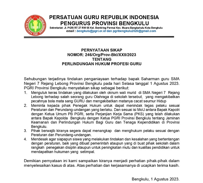 Kasus Guru Dianiaya Wali Murid Hingga Mata Pecah, Begini Pernyataan Sikap PGRI Bengkulu