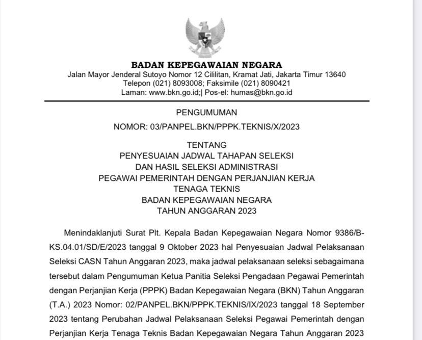 LENGKAP.. Ini Jadwal Tahapan Seleksi dan Hasil Seleksi Administrasi PPK Tenaga Teknis BKN 2023