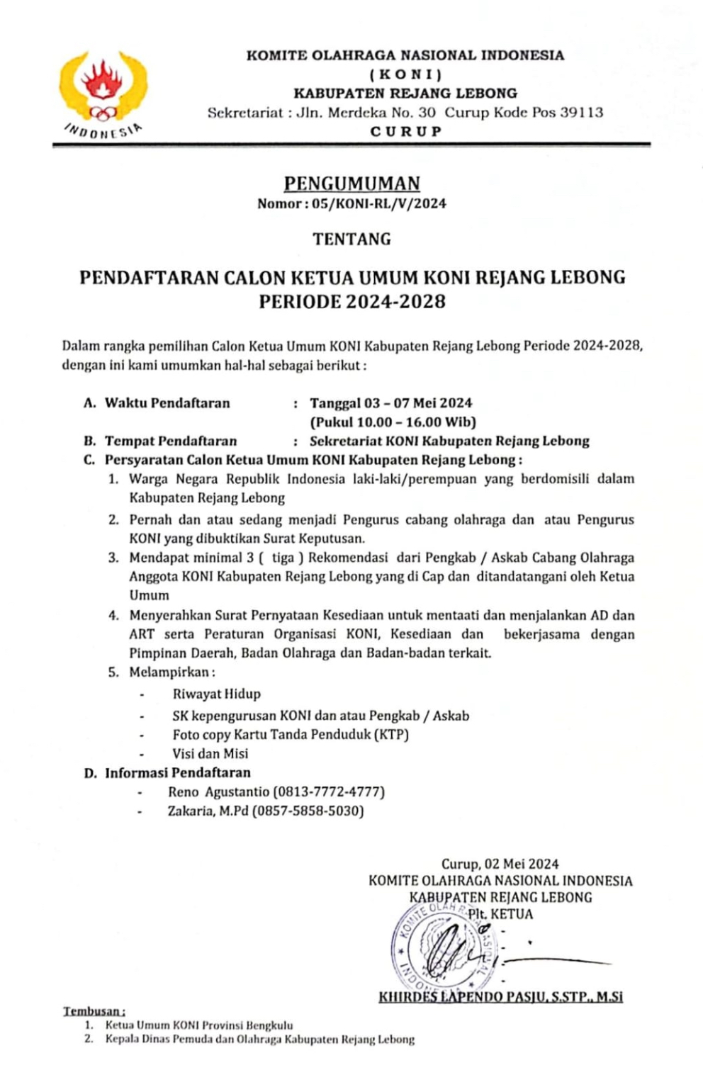 KONI Rejang Lebong Buka Pendaftaran Calon Ketua 