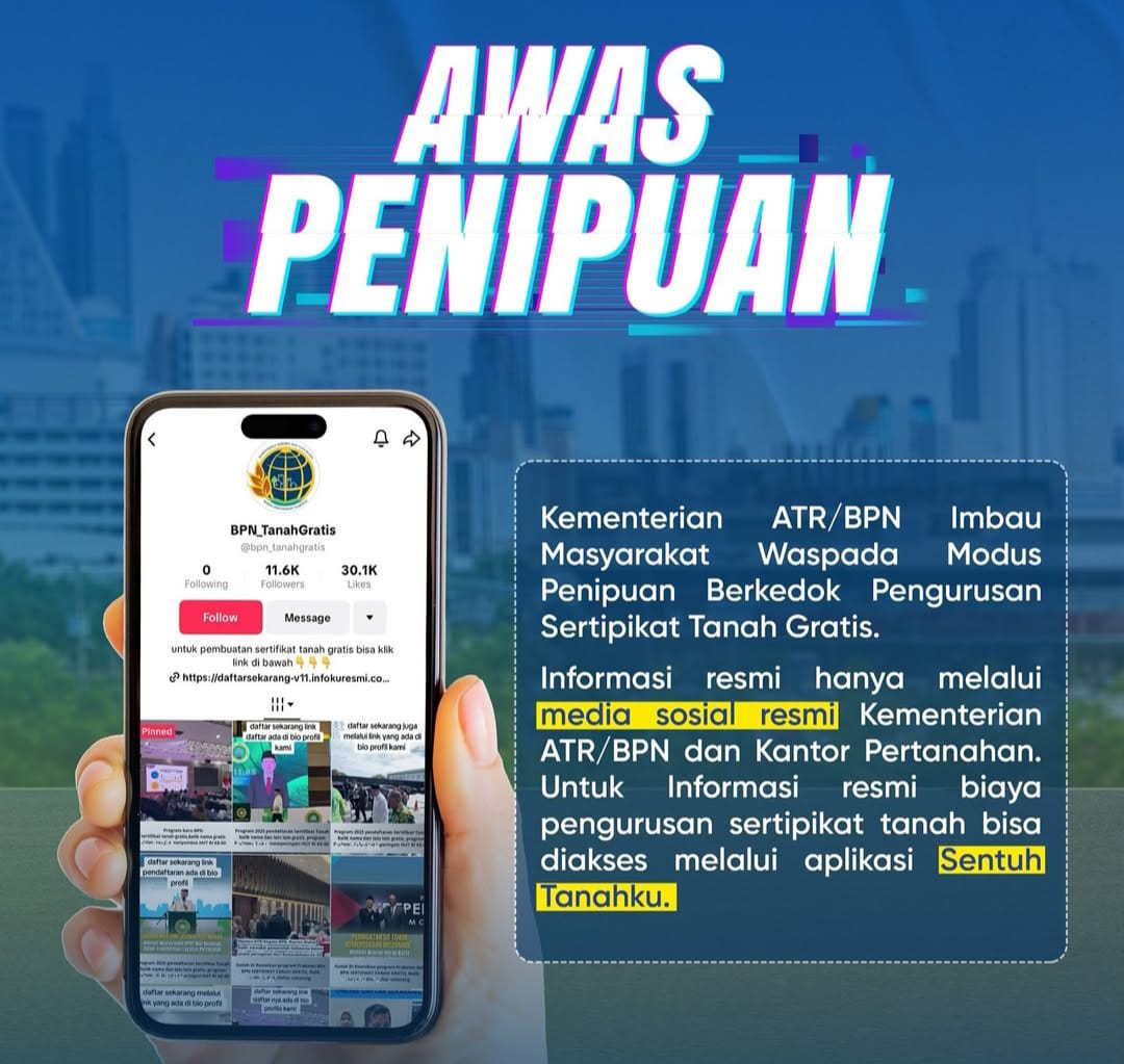 Kementerian ATR/BPN Imbau Waspada Penipuan Sertipikat Tanah Gratis Berkedok Sosial Media