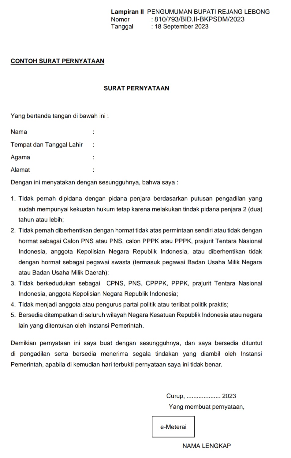 Download Contoh Surat Pernyataan PPPK Kabupaten Rejang Lebong 2023 di Sini!