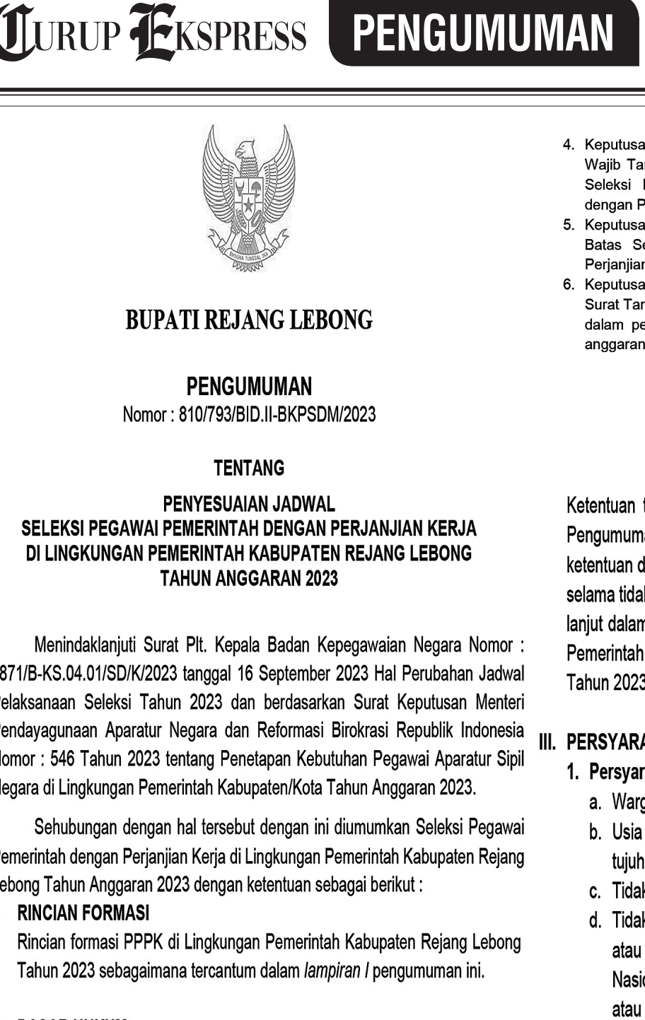 Download Pengumuman Seleksi PPPK Kabupaten Rejang Lebong 2023, di Sini