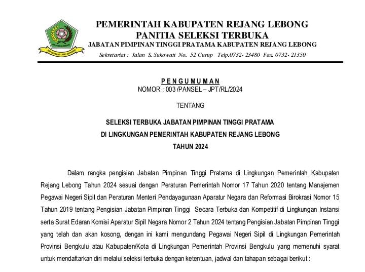 Pemkab Rejang Lebong Resmi Buka Seleksi Terbuka JPTP untuk 3 Jabatan, Klik Disini!