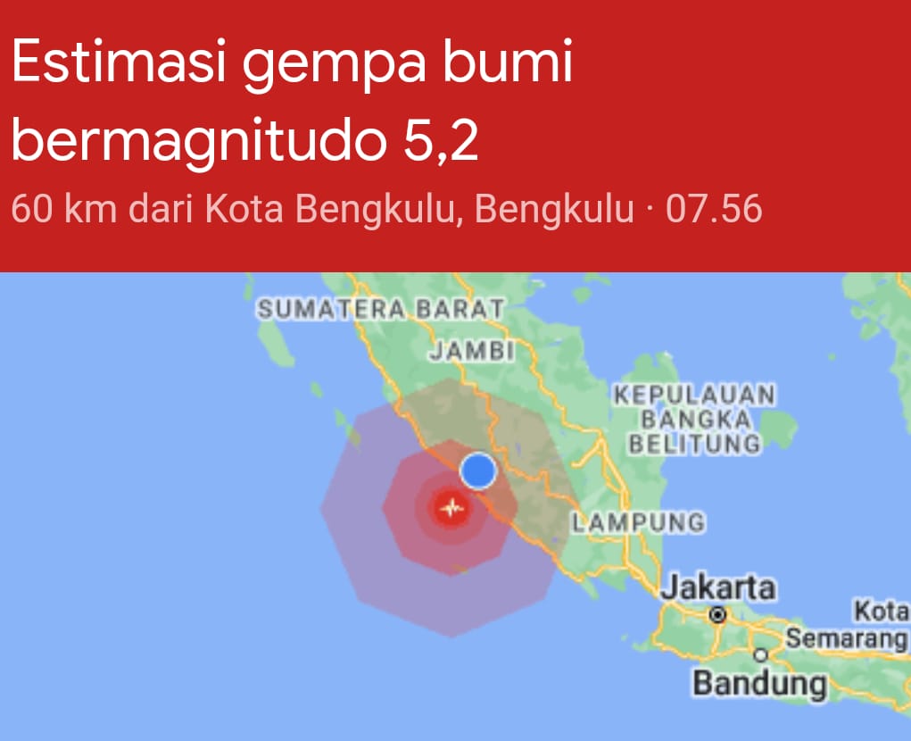 Gempa 5,3 SR Guncang Bengkulu, Terasa Hingga ke Curup