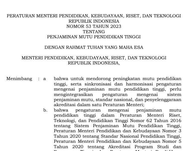 Permendikbudristek nomor 53 tahun 2023 tentang Penjaminan Mutu Pendidikan Tinggi 