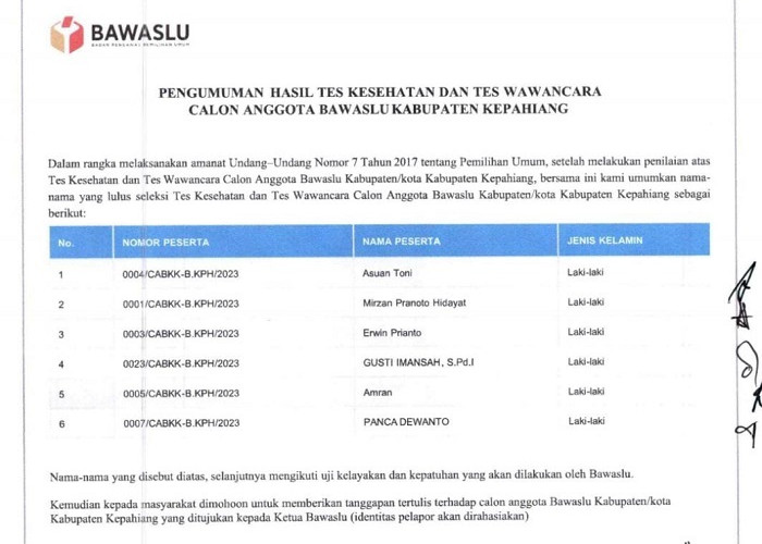 Mantan Ketua KPU Lolos 6 Besar Calon Anggota Bawaslu Kepahiang