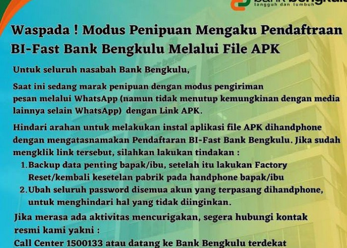 Waspada Penipu Catut Bank Bengkulu, Modus Lewat WhatsApp 