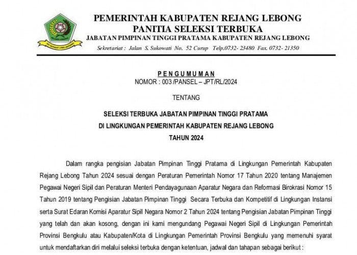 Pemkab Rejang Lebong Resmi Buka Seleksi Terbuka JPTP untuk 3 Jabatan, Klik Disini!