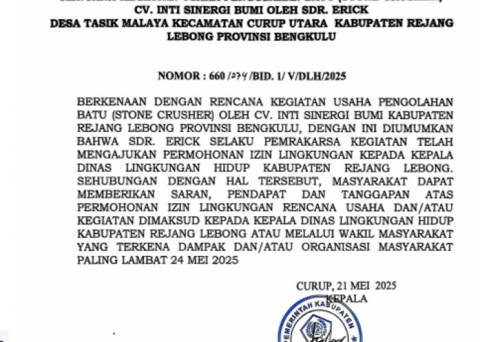 Pengumuman Permohonan Izin Lingkungan, CV Intu Sinergi Bumi oleh Sdr Erick 