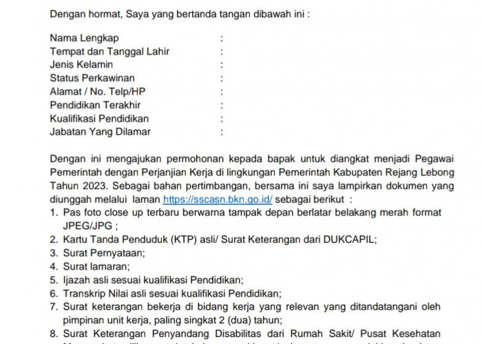 Download Link Contoh Surat Lamaran PPPK Kabupaten Rejang Lebong 2023 di Sini!
